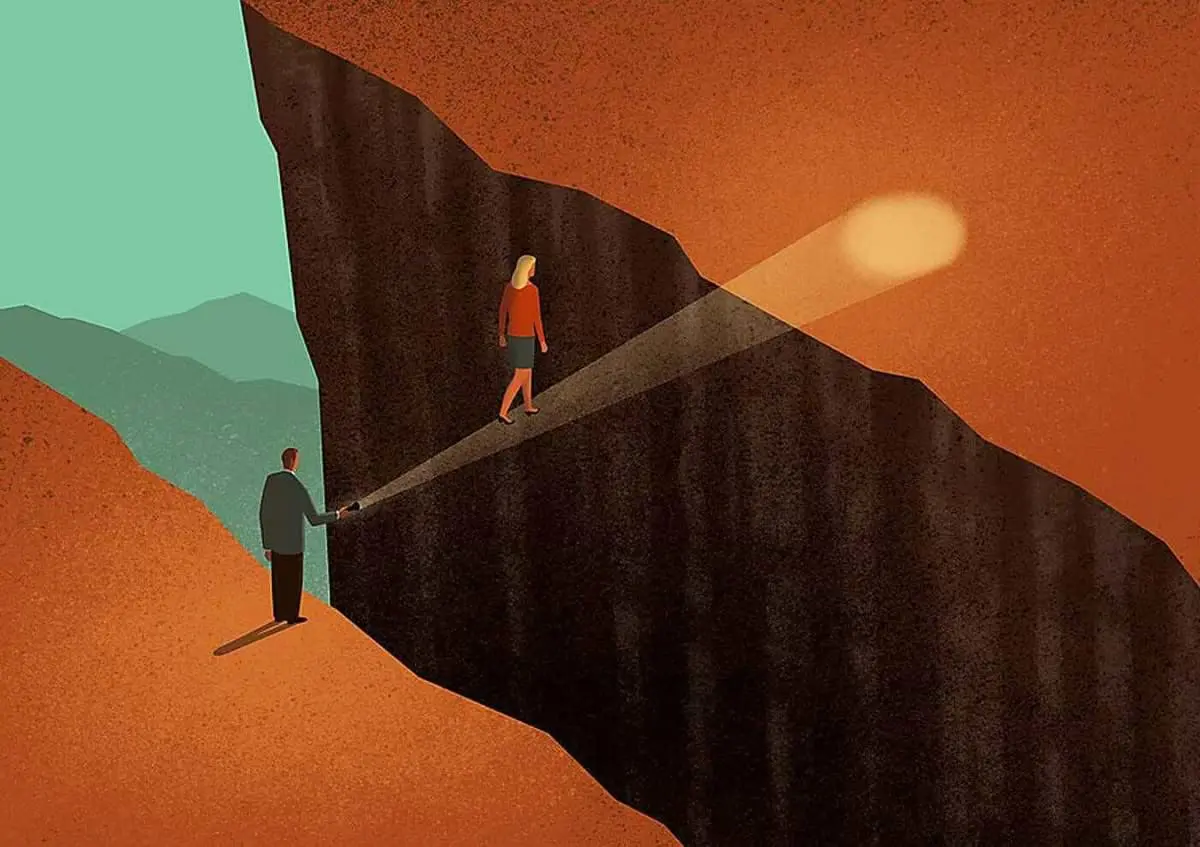 Illustration : une personne éclaire un passage au-dessus d’un gouffre pour qu’une autre le franchisse